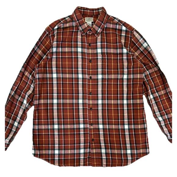 LL Bean Cotton Mens Flannel Button Up Long Sleeve Shirt Orange Plaid XL Tall - Picture 2 of 6